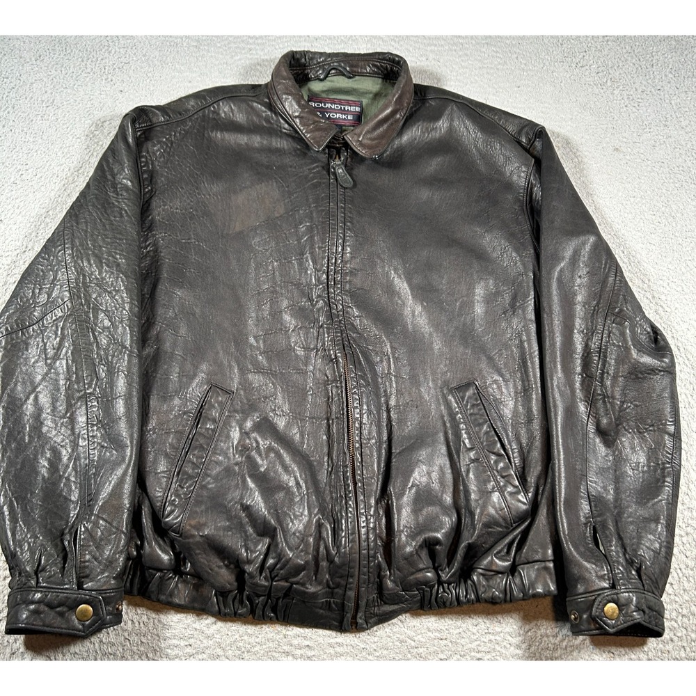 Roundtree & Yorke Leather‎ Jacket Mens Large Brown Chin Strap Bomber Vintage